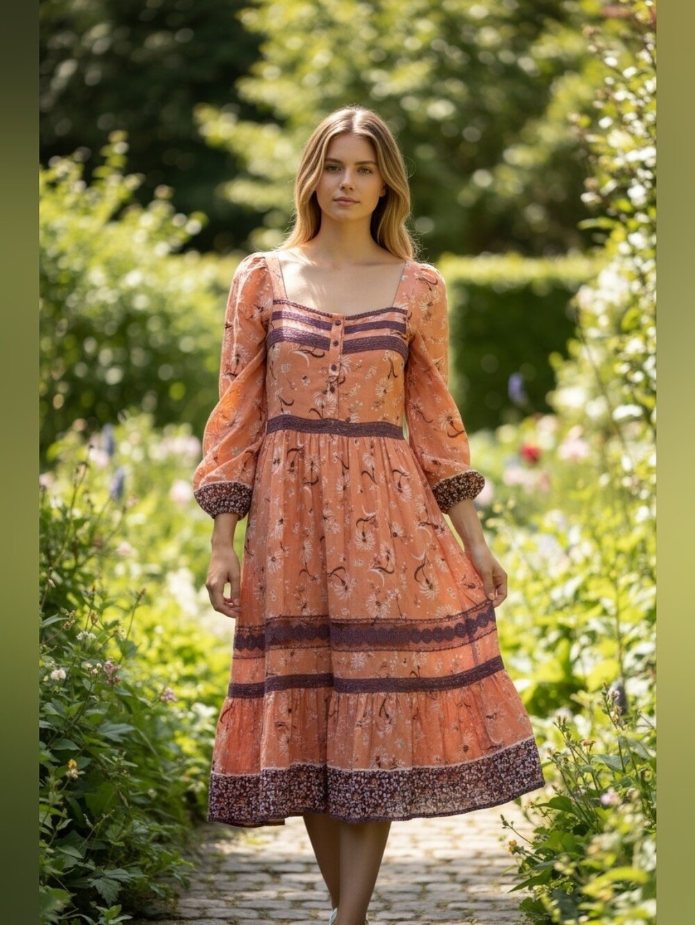 Jaase Boho Floral Tiered Midi Dress in Peach SZ XS